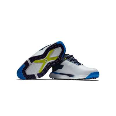 Chaussures Footjoy Pro SLX White Navy Blue Présentation Paire + Semelle