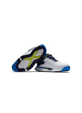 Chaussures Footjoy Pro SLX White Navy Blue Présentation Paire + Semelle