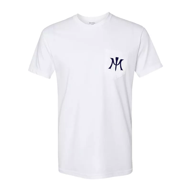 Miura Logo Pocket Tee White Navy — T-shirt golf casual coton polyester logo M-Tee poche